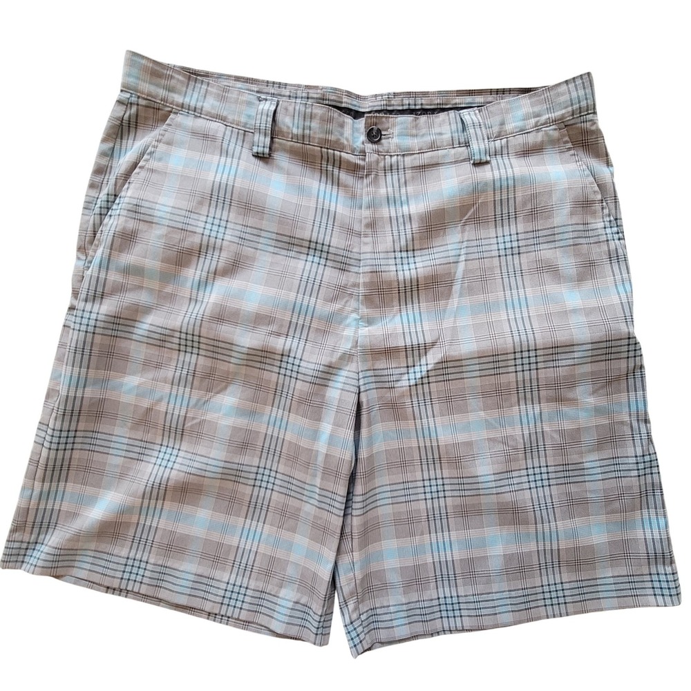 IZOD Golf Shorts Mens 38 Grey Blue Plaid PerformX Flat‎ Front Polyester Sport